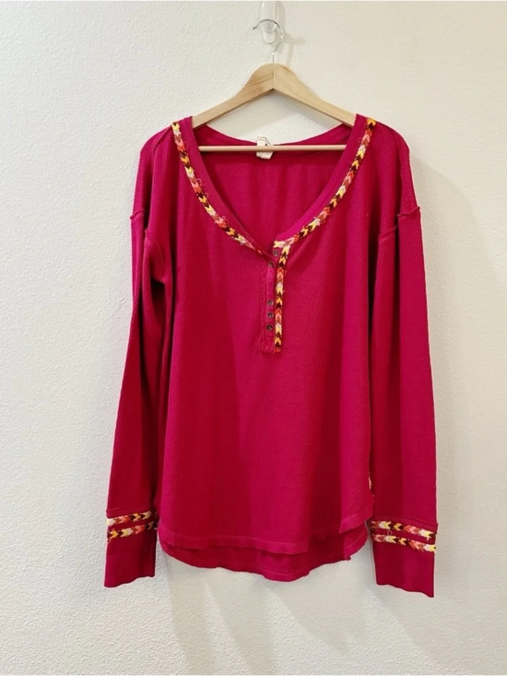 Free People Tribal Rainbow Henley Embroidered Thermal Long Sleeve Tee Size Large
